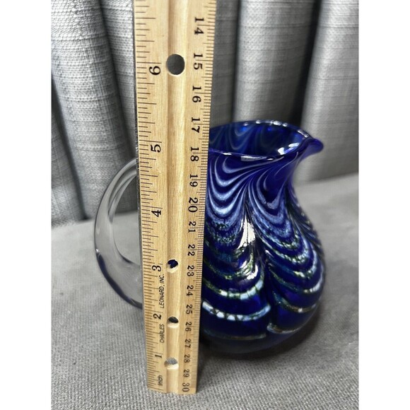 Kyle Gribskov Cobalt Blue Iridescent Inlaid Swirls Wave Blown Art Glass Pitcher - Picture 16 of 16